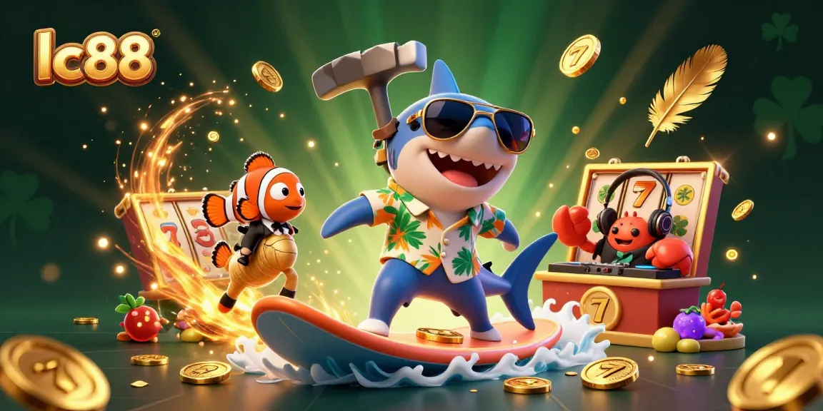 Experience the excitement of lc88 with a cartoon shark surfing on gold coins amidst casino-themed fun.