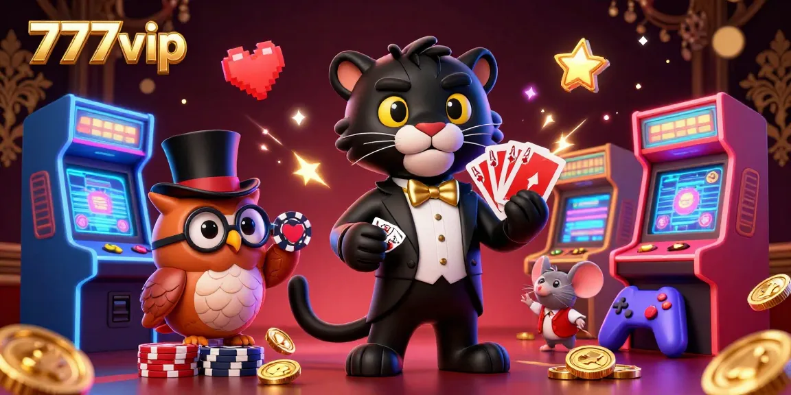 Engaging scene of 777vip featuring a stylish panther dealing cards with an owl and mouse, capturing the excitement of online gambling.