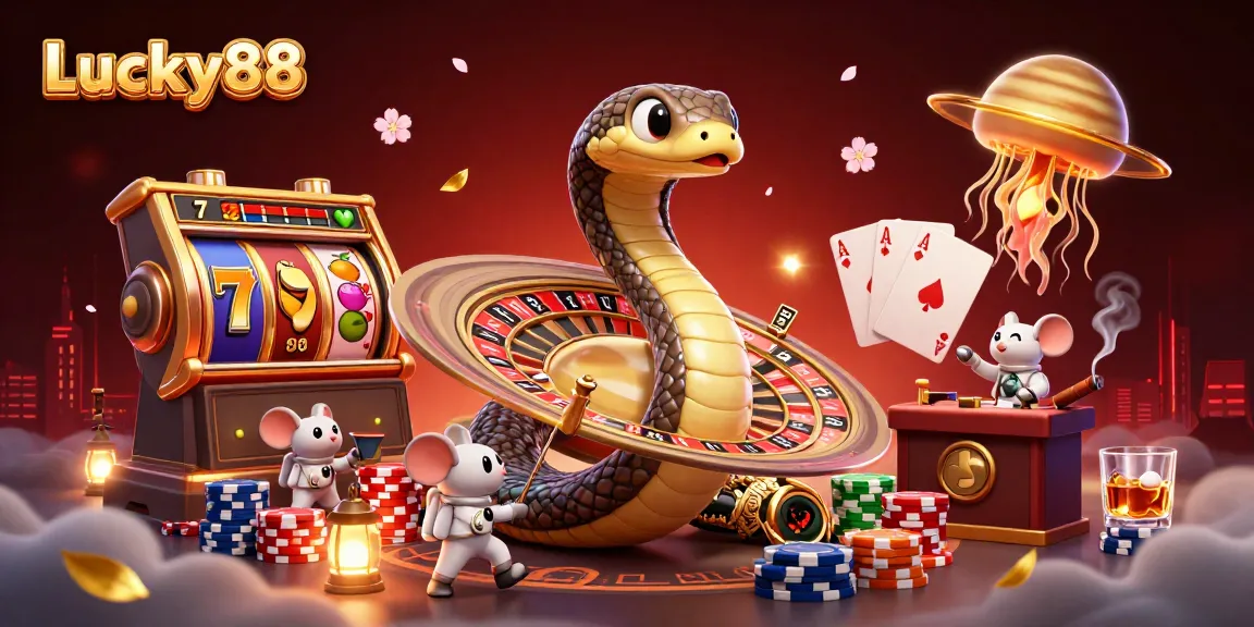 Lucky88 slot game illustration with vibrant cosmic dealer and astronaut mice betting