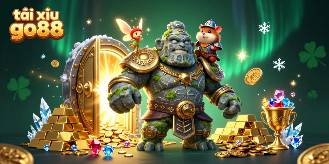 Engage with tài xỉu go88 through a whimsical illustration featuring a magical golem and sparkling treasures.