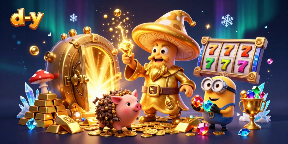 Spin slots and jackpot reels with d-y's magical wizard and treasure companions in a vibrant casino scene.