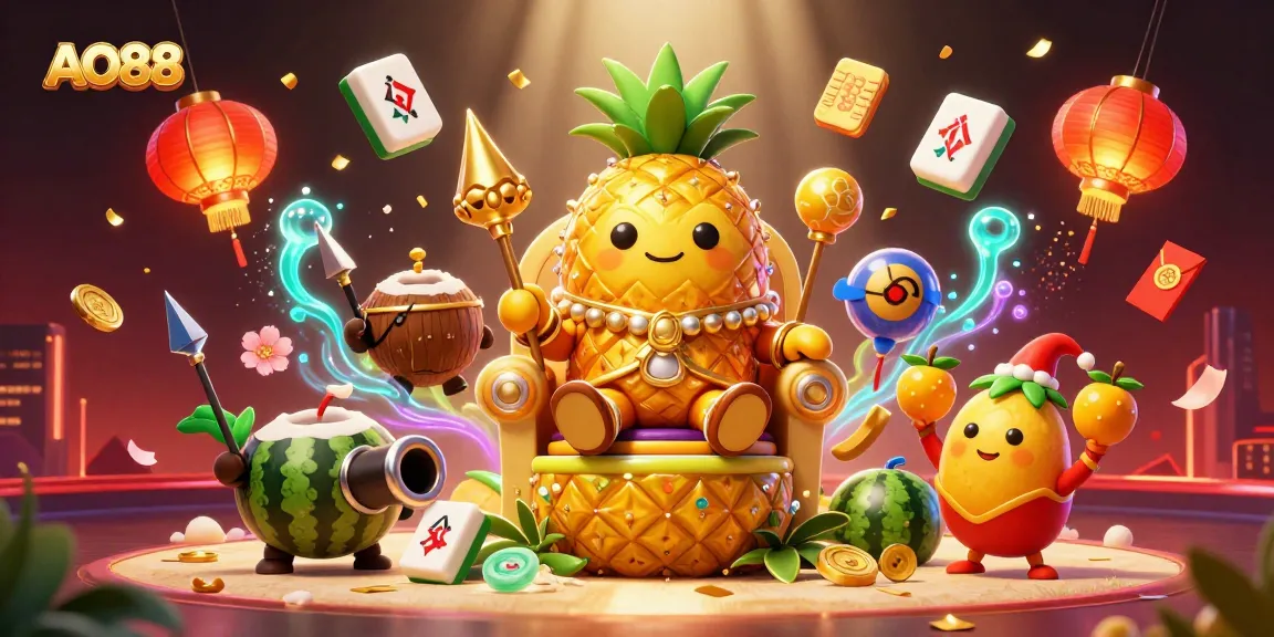 Experience the engaging AO88 casino scene with a golden pineapple king and exciting gaming elements.
