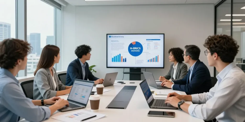 Buy BRICS coins in a professional finance meeting showcasing blockchain innovations and investment strategies.