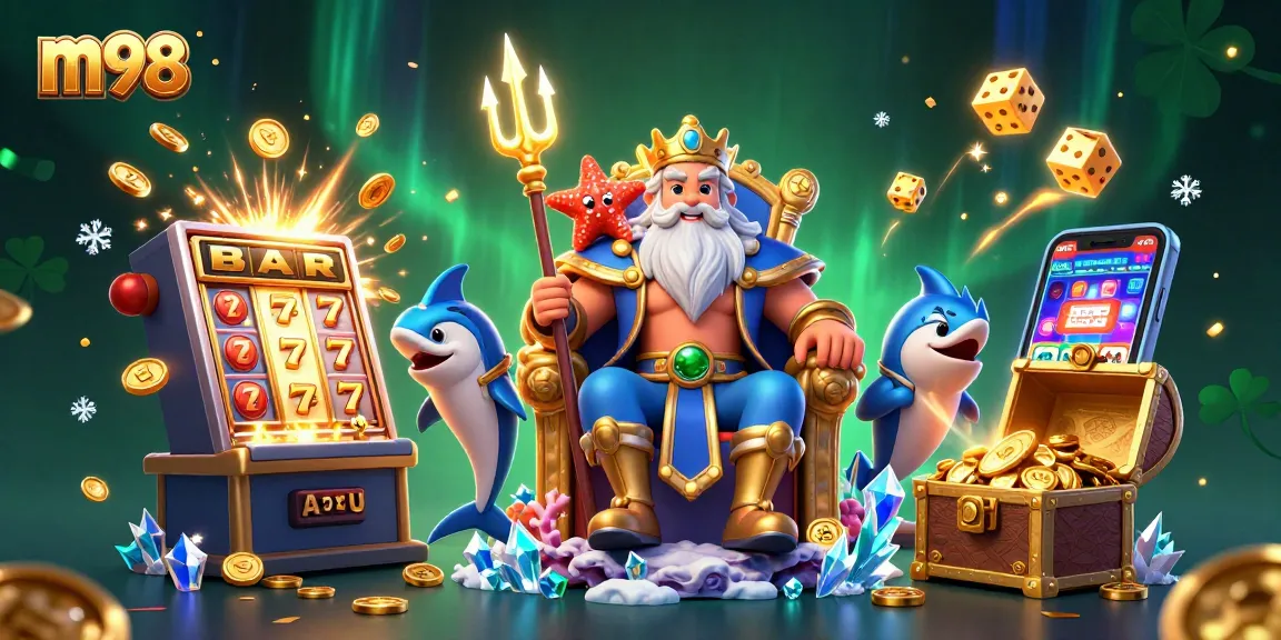 Experience thrilling m98 casino action with Neptune and jackpot excitement in a vibrant 3D scene.