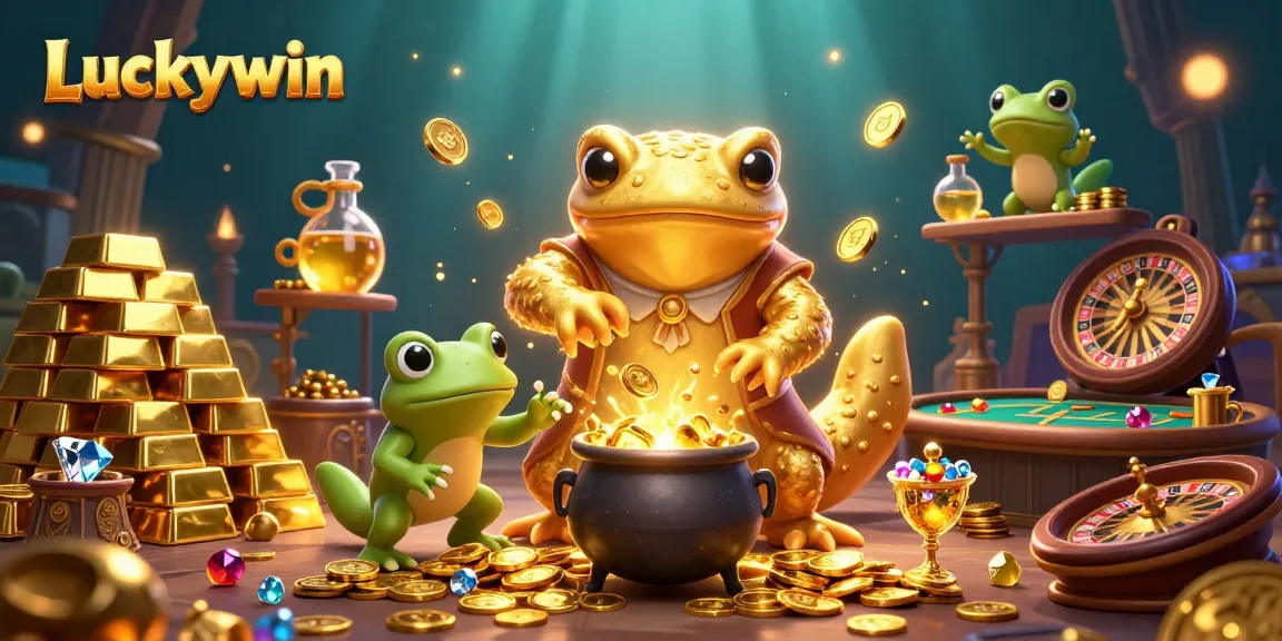 Luckywin showcases an immersive 3D casino scene with golden alchemists and dynamic gaming elements.