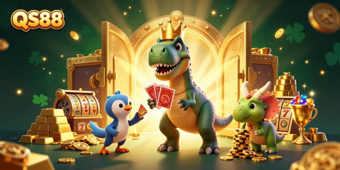 Experience excitement at QS88 with a dynamic 3D illustration of a T-Rex, card shuffling, and golden chips.