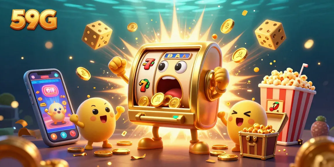 Experience the thrill of winning with 59G's vibrant jackpot celebration featuring playful slot machines.