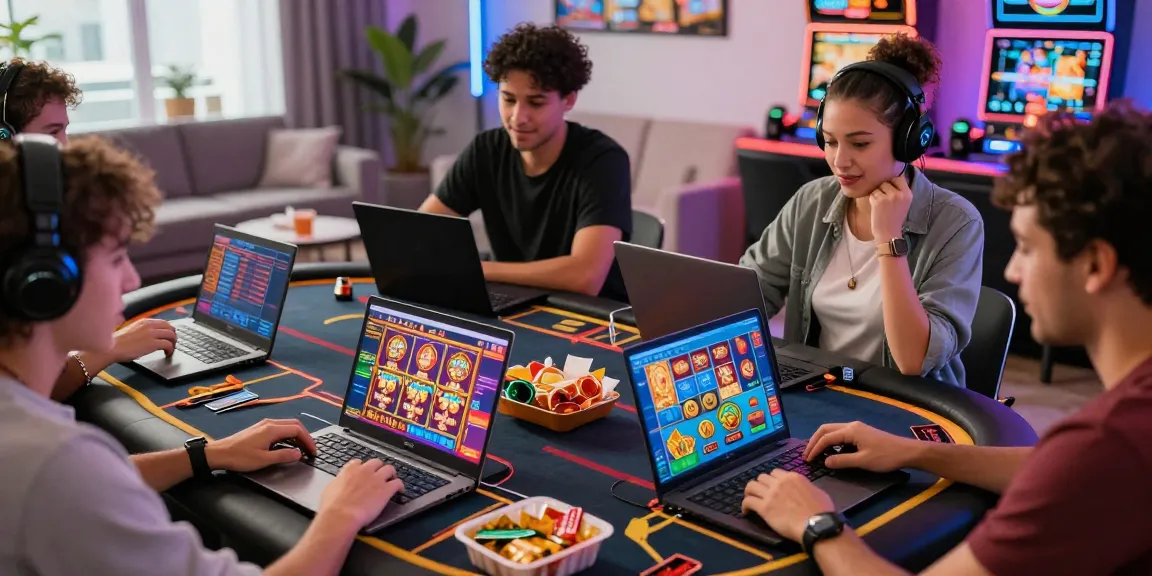 Engaged players enjoying their favorite games at credit card casinos with vibrant scenes and modern gaming setup.