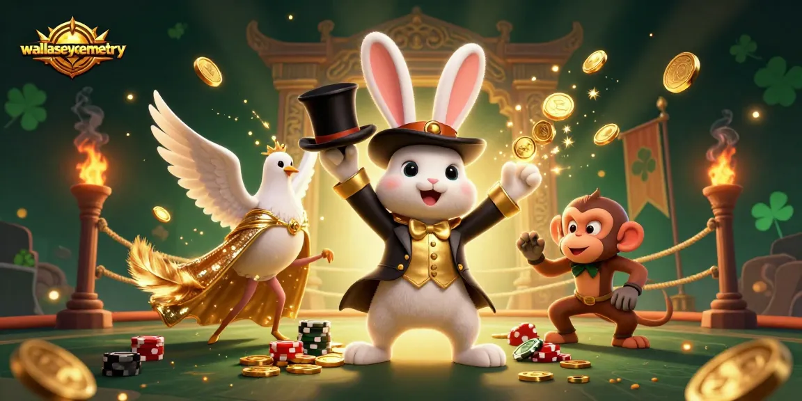 Experience the magic at wallaseycemetery while the whimsical rabbit pulls golden coins amidst vibrant casino action.
