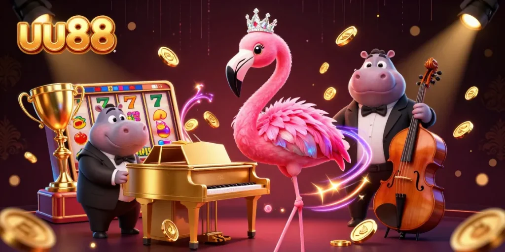 Engage with the immersive uu88 casino experience depicted through 3D illustration of vibrant characters and interactive game elements.