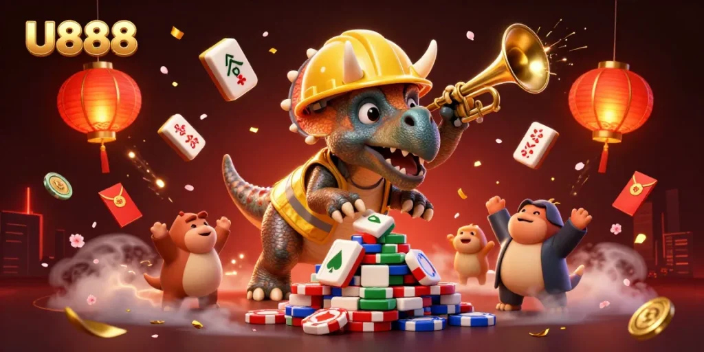 U888 celebrates with a triceratops building poker chip pyramids in a vibrant casino scene.