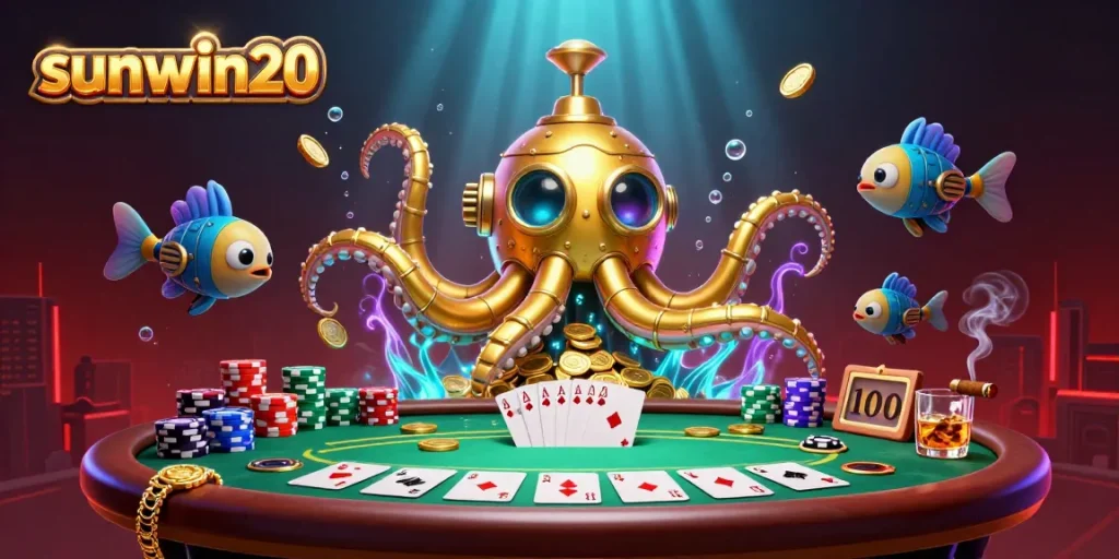 Experience thrilling poker action at sunwin20 with a dynamic illustration of a kraken submarine amidst poker elements and golden coins.