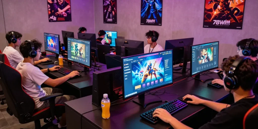Engaged players exploring the 78win gaming platform in a lively and colorful online gaming environment.