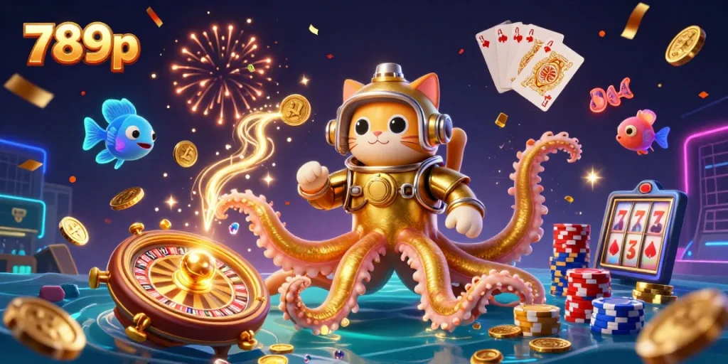 Engage in thrilling gameplay at 789p with a dynamic underwater casino scene featuring a kraken, diving cat, and vibrant treasures.