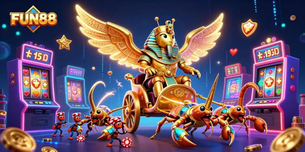 Engage with FUN88's thrilling slot adventure featuring a colossal golden scarab and vibrant gambling elements.