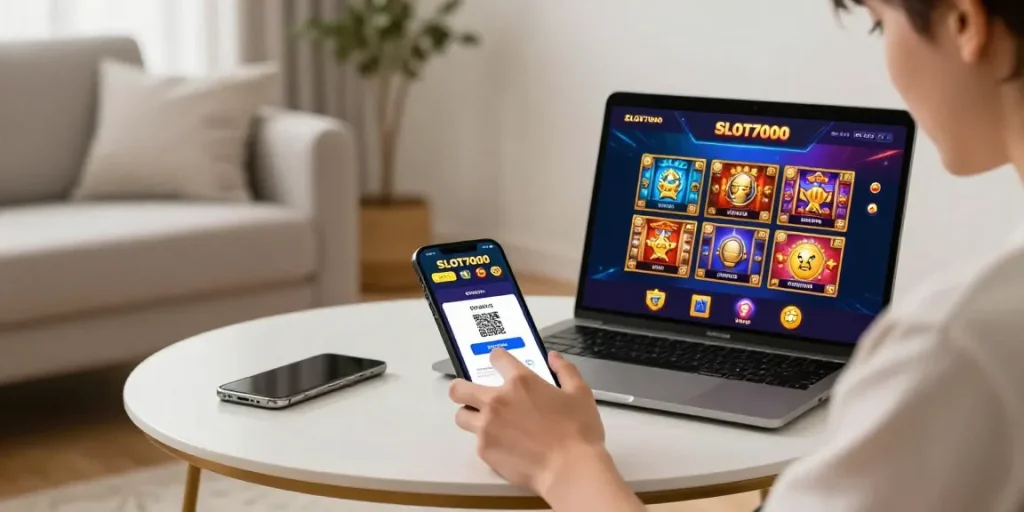 User enjoying SLOT7000 online gambling platform on mobile and laptop, showcasing QRIS deposit method in a cozy living room.