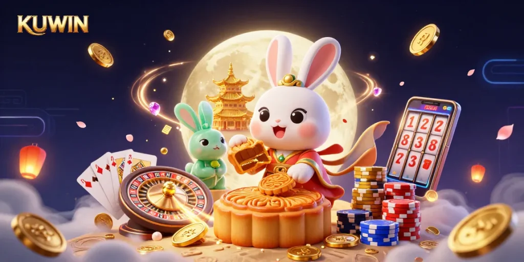 KUWIN offers an engaging journey through a vibrant, animated casino world with moon rabbit themes and casino elements.