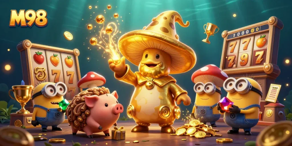 M98 enhances the slots experience with a golden mushroom wizard surrounded by treasures and vibrant game elements.
