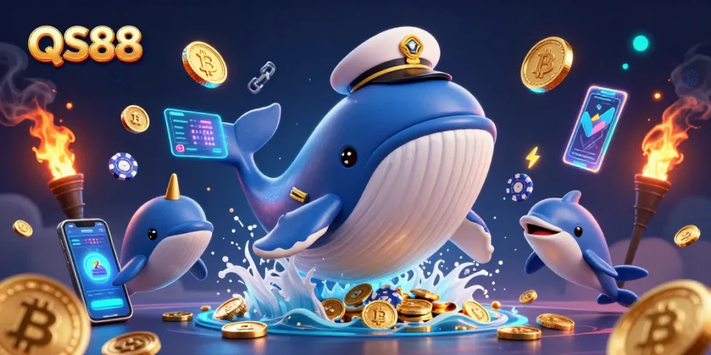 Enjoy thrilling moments at QS88, where a massive whale and playful dolphins celebrate with poker chips amidst a sea of crypto coins.