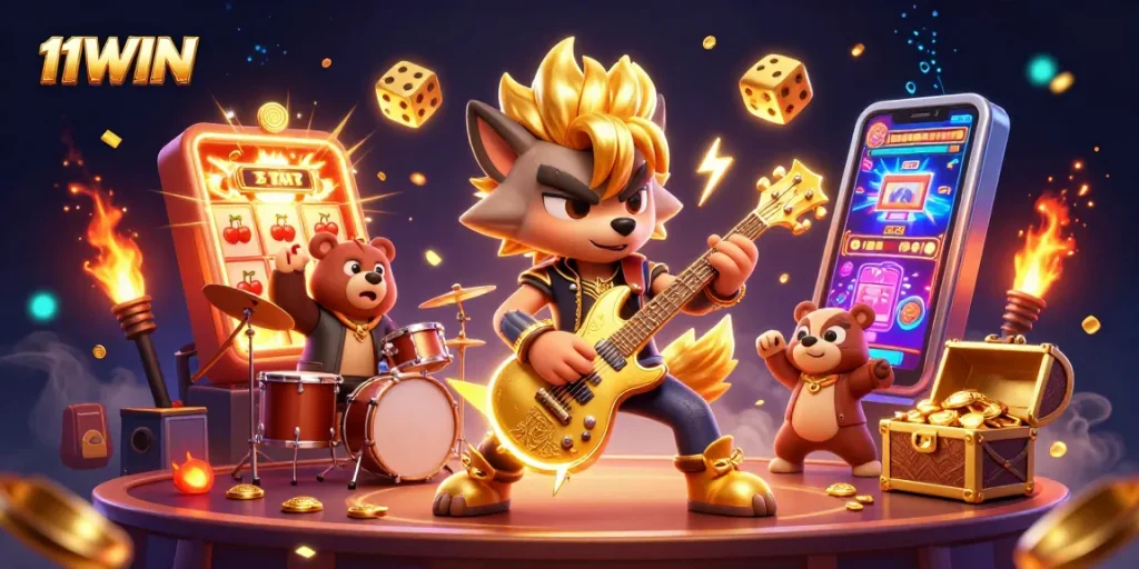 Experience the thrill with 11WIN as the rock star wolf shreds on stage amidst casino excitement.