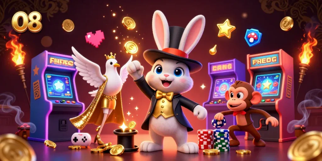 O8 engages players with a 3D magician rabbit pulling golden coins in a vibrant casino scene.