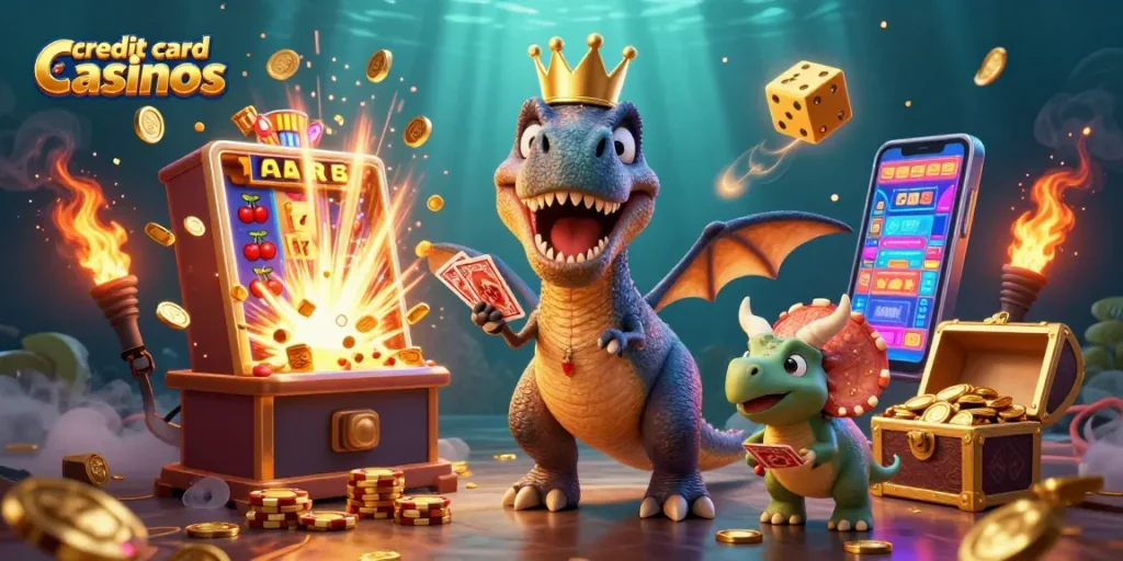 Experience the thrill of credit card casinos with a T-Rex shuffling cards amidst a jackpot explosion!