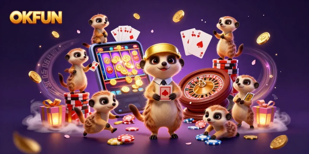 Engage with OKFUN's dynamic casino experience as meerkats run the show in 3D illustration.