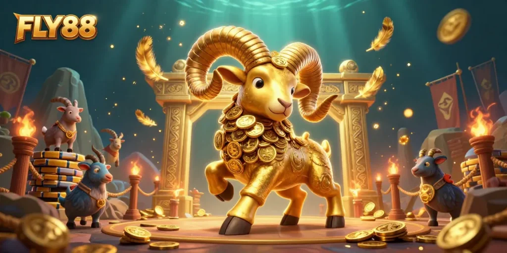 Experience FLY88's thrilling gaming environment with a golden ram charging through a dynamic casino scene.