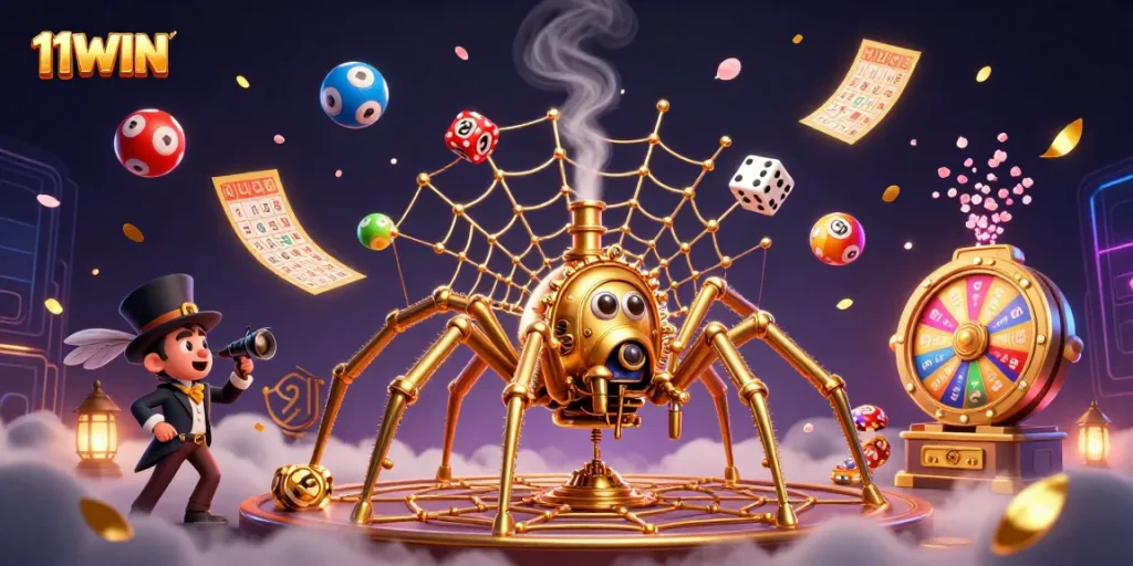 Engage with 11WIN's vibrant casino scene featuring a steampunk spider and thrilling lottery elements.