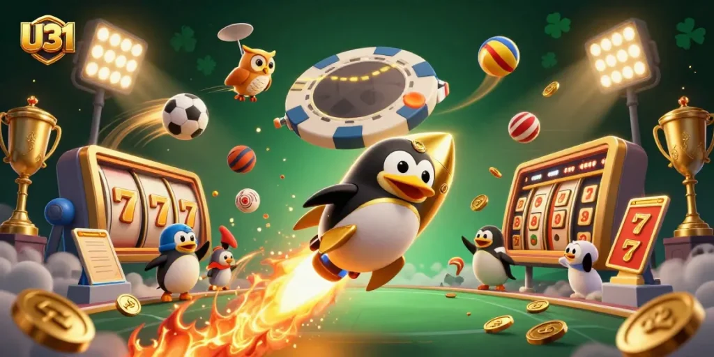 U31 offers thrilling gambling experiences with a golden penguin racing toward a casino chip.