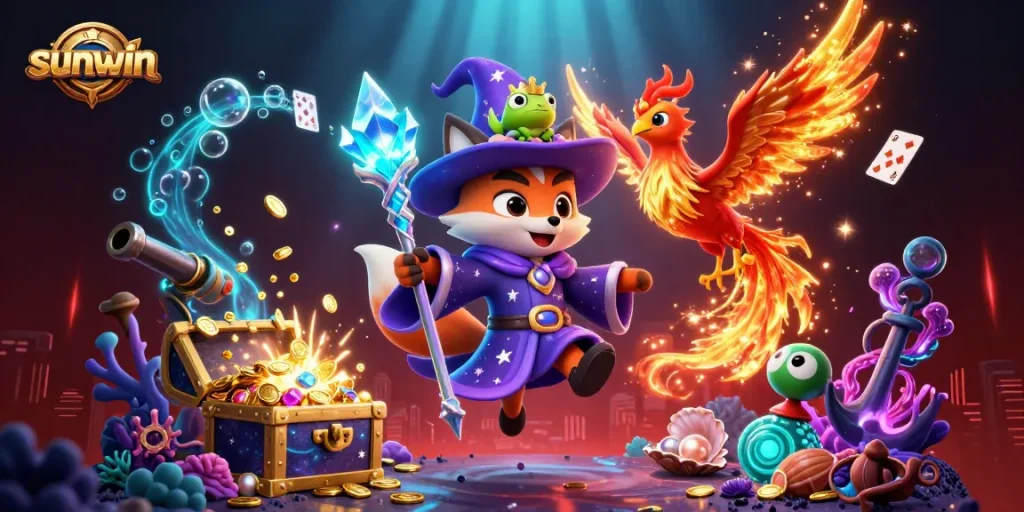 Experience exciting gameplay with sunwin's dynamic 3D cartoon wizard characters and vibrant casino elements.