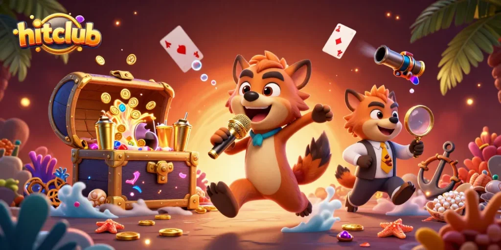 Experience the excitement at hitclub's dynamic casino scene with hyena characters engaging in gambling fun.