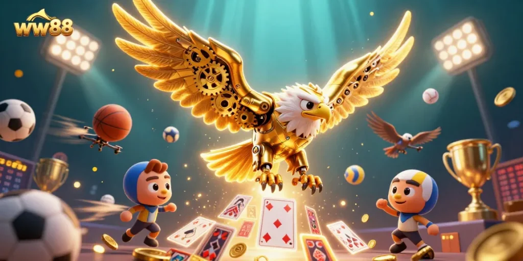 Experience thrilling gameplay at ww88 with a vibrant scene of a golden eagle amidst flying sports balls and holographic cards.
