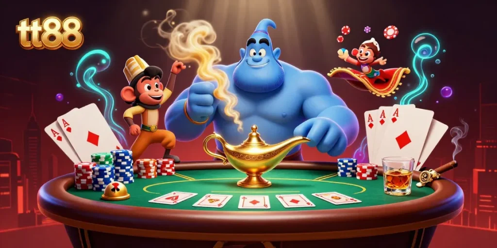 Join the tt88 adventure with a genie, poker chips, and a vibrant casino scene.