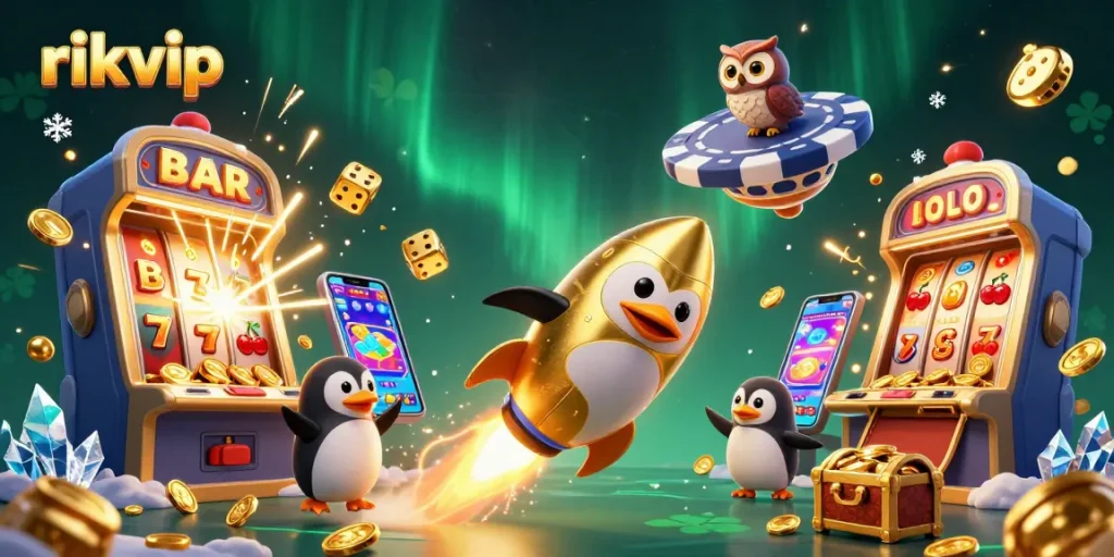 Experience the excitement of rikvip with a dynamic casino illustration showcasing a golden penguin soaring through a jackpot-themed space.