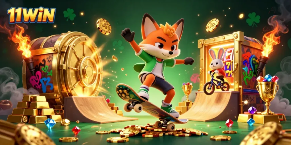 Experience thrilling gameplay with 11WIN's vibrant slot machines and casino characters.