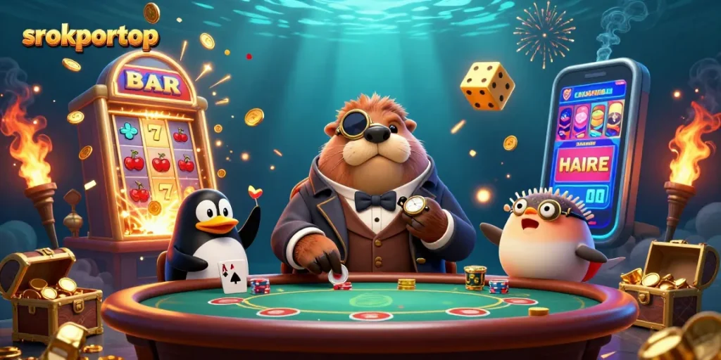 Players experience excitement with srokportop's underwater casino, featuring a bluffing pufferfish and a penguin dealer.