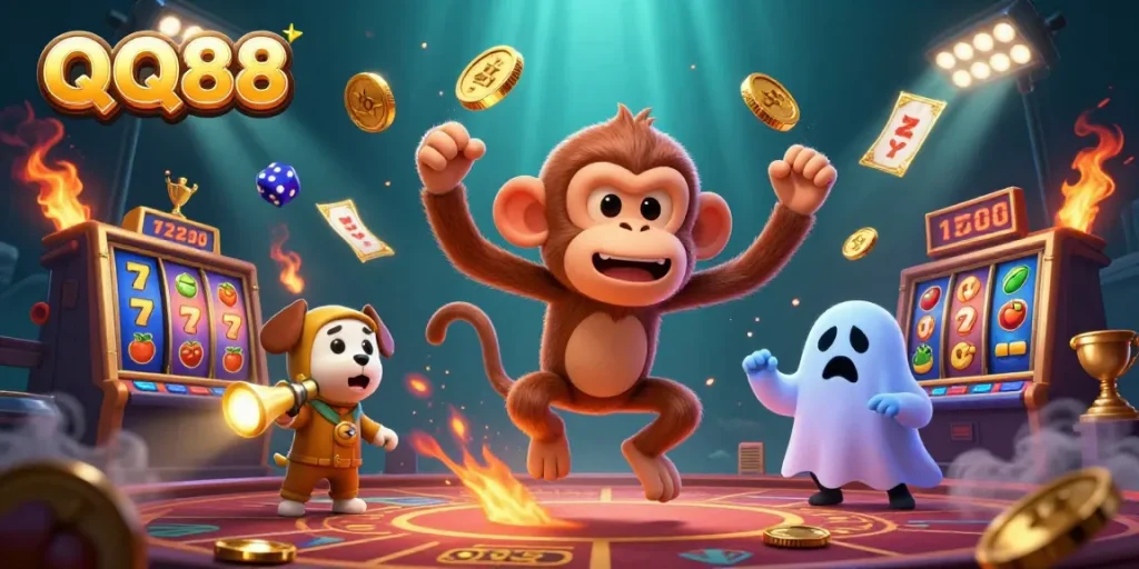 Experience QQ88's engaging gameplay with a mischievous poltergeist monkey and a curious puppy in a haunted casino scene.