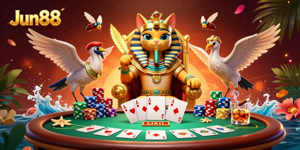 Experience thrilling gameplay and rich rewards with Jun88's vibrant gambling scene filled with poker action.