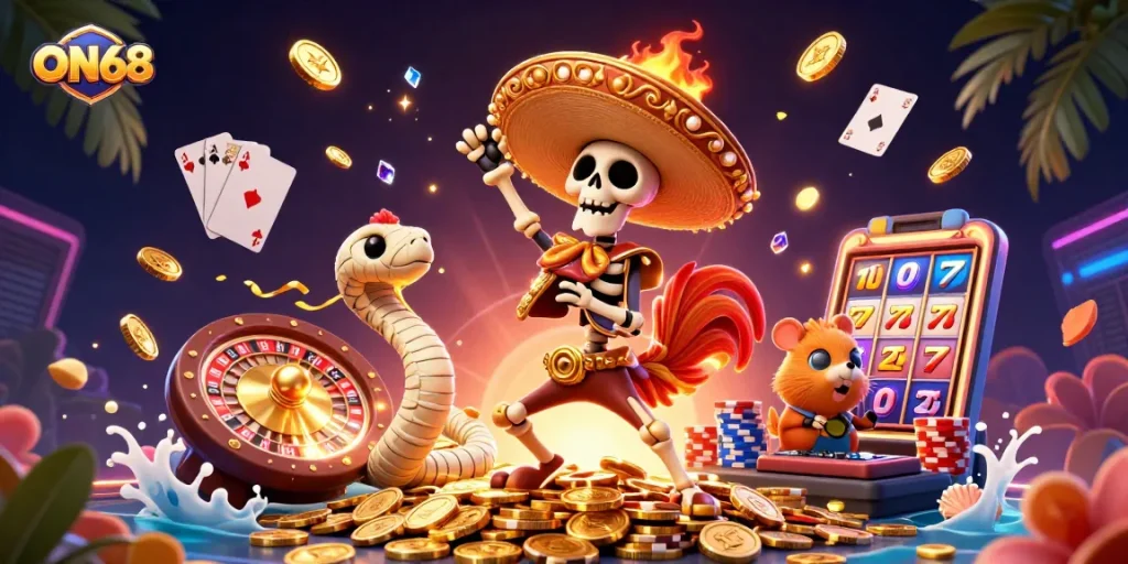 Experience ON68's thrilling victory dance amidst casino elements, with vibrant characters and a lively jackpot atmosphere.