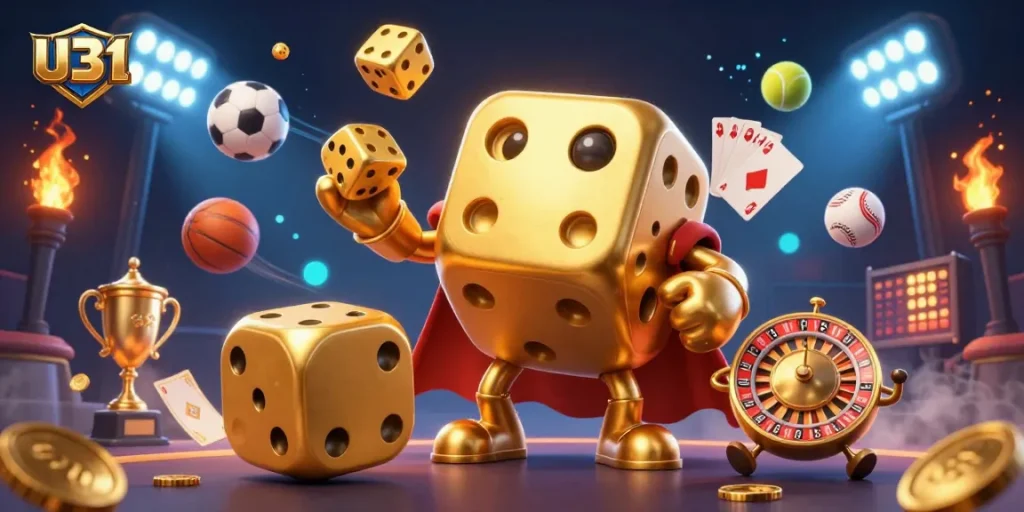 Experience thrilling gameplay with U31's captivating golden dice golem and vibrant sports elements.