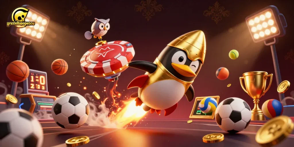 Experience thrilling action with graziellapopescu through a rocket-powered golden penguin in a vibrant casino space