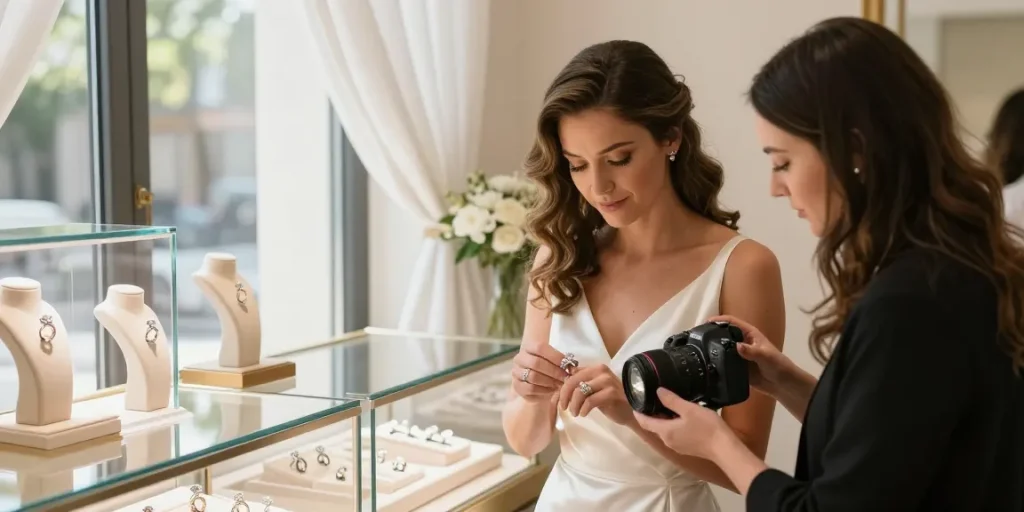 Elegant bride exploring luxury wedding rings in an opulent boutique, showcasing a romantic atmosphere with sunlight and floral decor