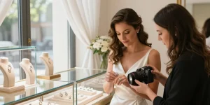 Elegant bride exploring luxury wedding rings in an opulent boutique, showcasing a romantic atmosphere with sunlight and floral decor