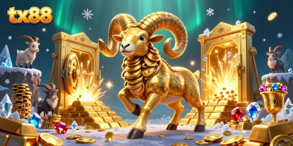 tx88 engages players with immersive casino adventure featuring a golden ram charging through a treasure-filled gate