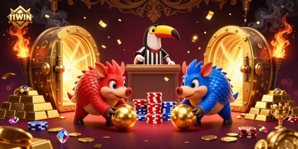 Experience thrilling action with 11WIN as rival pangolins compete in a vibrant casino scene.