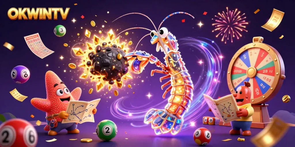Experience OKWINTV with dynamic sports betting visuals and 3D vibrant elements in a rich digital scene.
