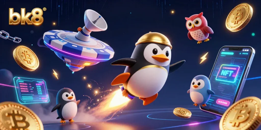 Experience exciting gaming adventures at bk8, featuring a golden penguin and casino elements.