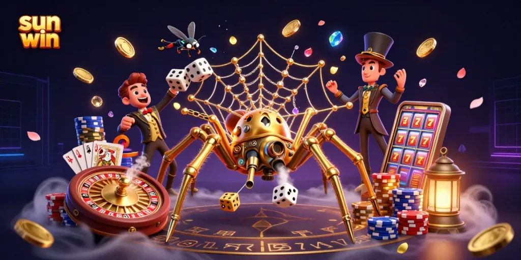 Engage with sun win strategies through a vibrant, steampunk casino scene full of lucky charms.