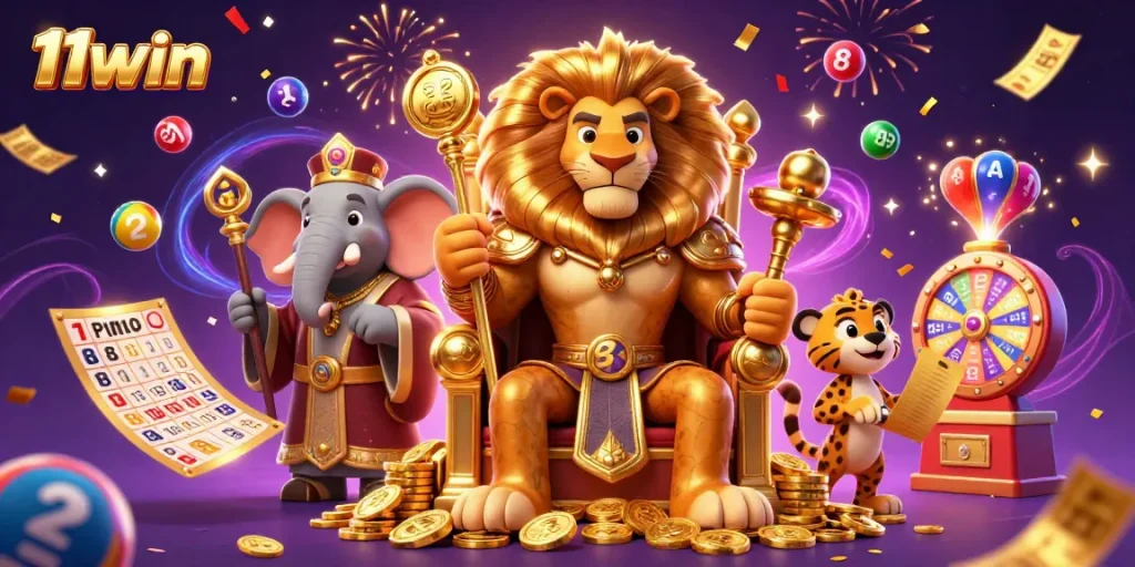 Engage with 11win's vibrant gaming scene featuring a lion king, elephant advisor, and cheetah messenger.